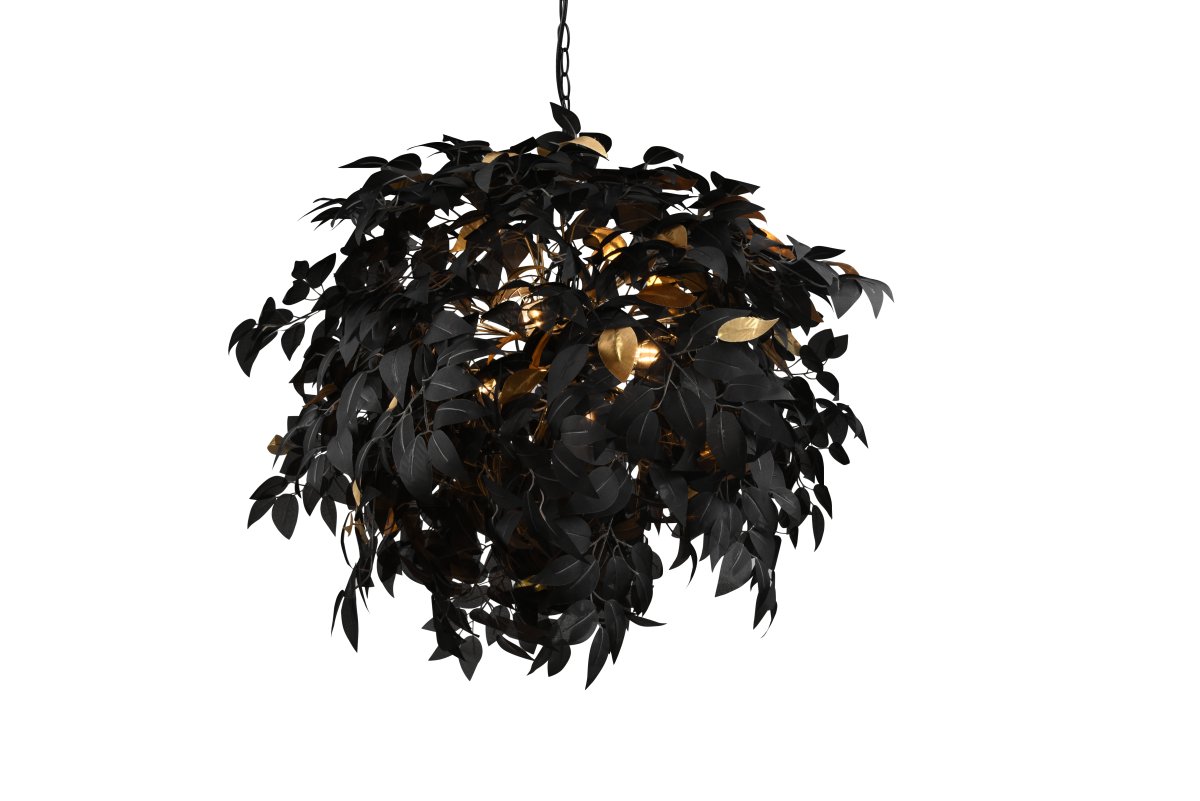 Leavy Ø70 Zwart hanglamp Van Trio Lighting - De stijl van de lamp past bij Young Living en de combinatie van zwarte en gouden bladeren en een matzwarte kap maken dat de lamp eenvoudig te integreren is in verschillende kleurconcepten.
