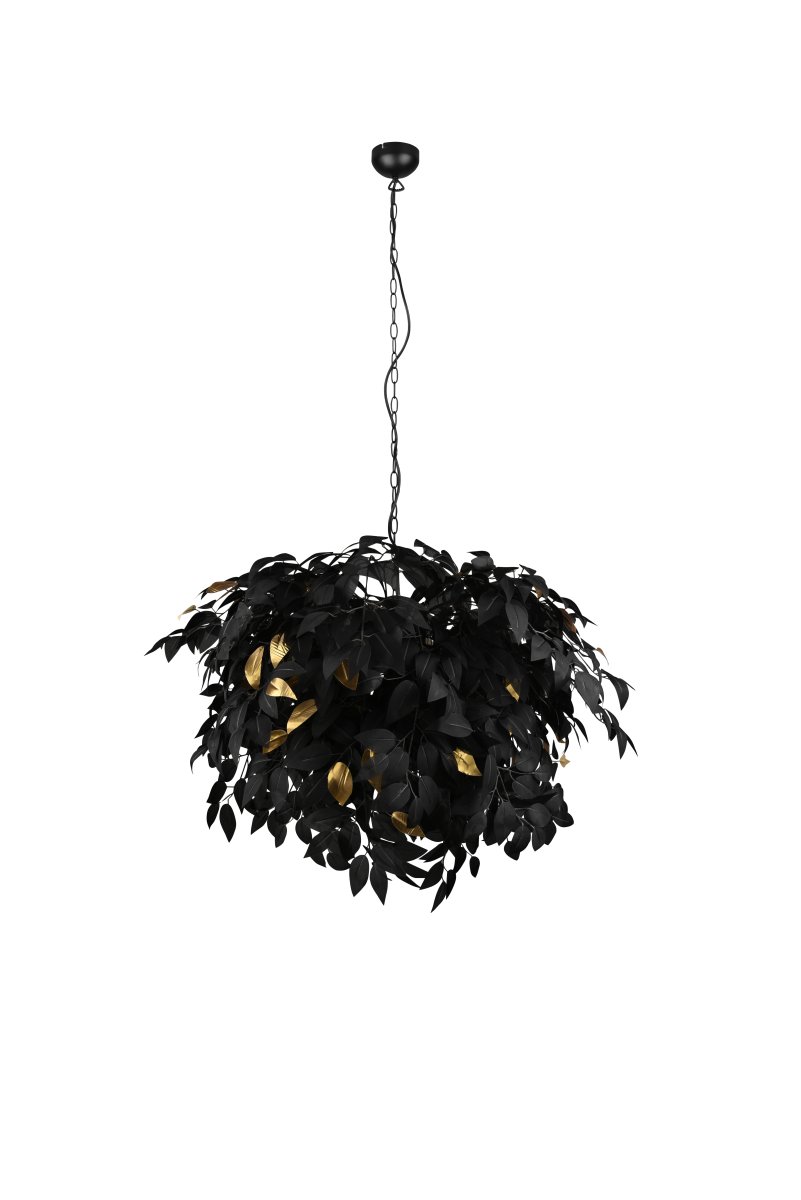 Leavy Ø70 Zwart hanglamp Van Trio Lighting - De stijl van de lamp past bij Young Living en de combinatie van zwarte en gouden bladeren en een matzwarte kap maken dat de lamp eenvoudig te integreren is in verschillende kleurconcepten.