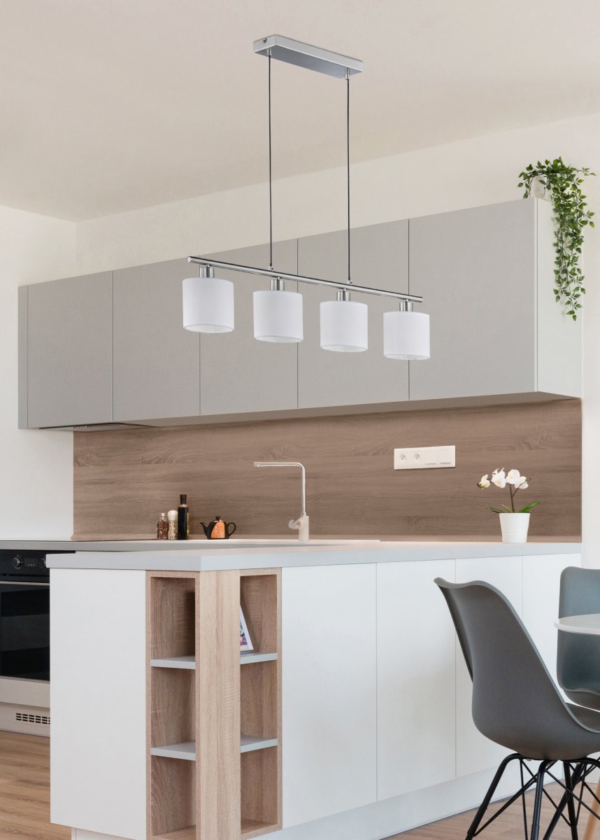 Tommy 75cm Wit hanglamp Van Trio Lighting - Dankzij de vier lichtbronnen en de verstelbare ophanglengte tot 150 cm is de lamp ideaal voor het centreren van verlichting en het cre&euml;ren van een uitnodigende sfeer.