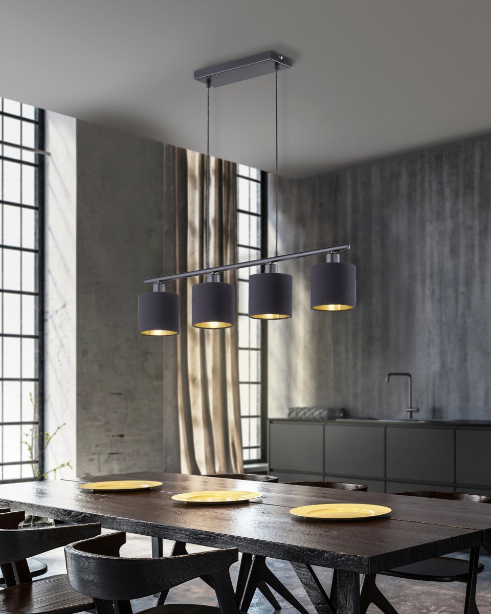 Tommy 75cm Zwart hanglamp Van Trio Lighting - Dankzij de vier lichtbronnen en de verstelbare ophanglengte tot 150 cm is de lamp ideaal voor het centreren van verlichting en het creëren van een uitnodigende sfeer.