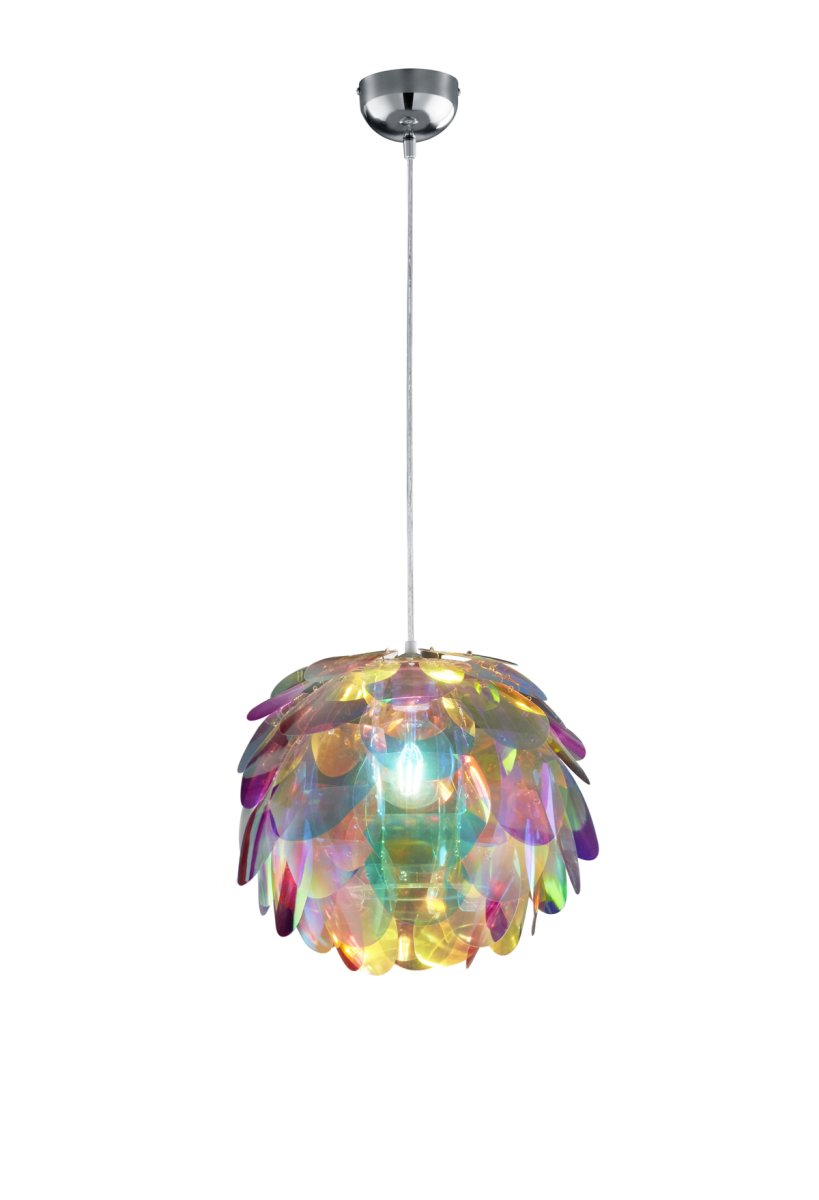 Clover Ø40 Veelkleurig hanglamp Van Trio Lighting - De lamp heeft plastic bladeren in regenboogkleuren &ndash; paars, rood, groen, blauw en geel &ndash; en zorgt voor een vrolijke sfeer.