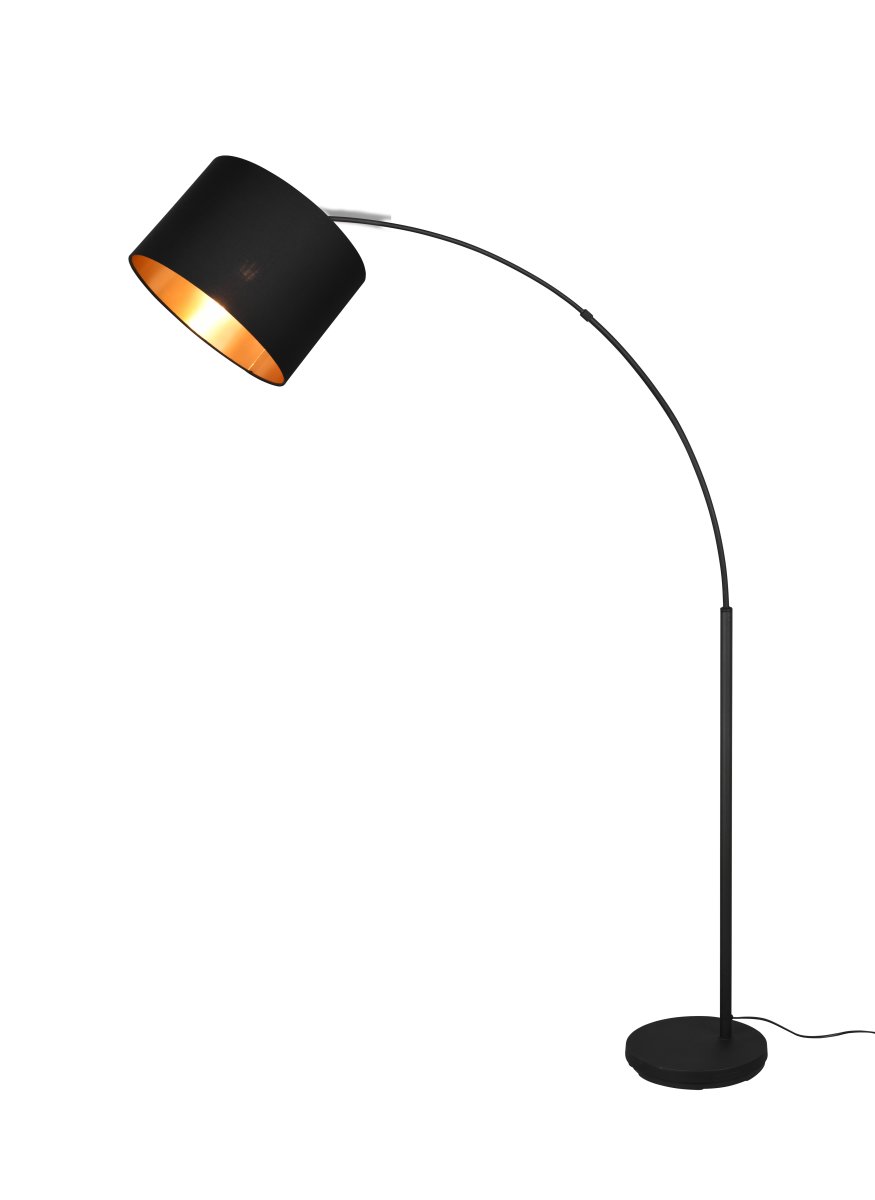 Bolivia Zwart vloerlamp Van Trio Lighting - Met zijn stoffen kap wordt de moderne en elegante lamp een blikvanger naast de bank en zorgt tegelijkertijd voor een perfecte en sfeervolle verlichting.