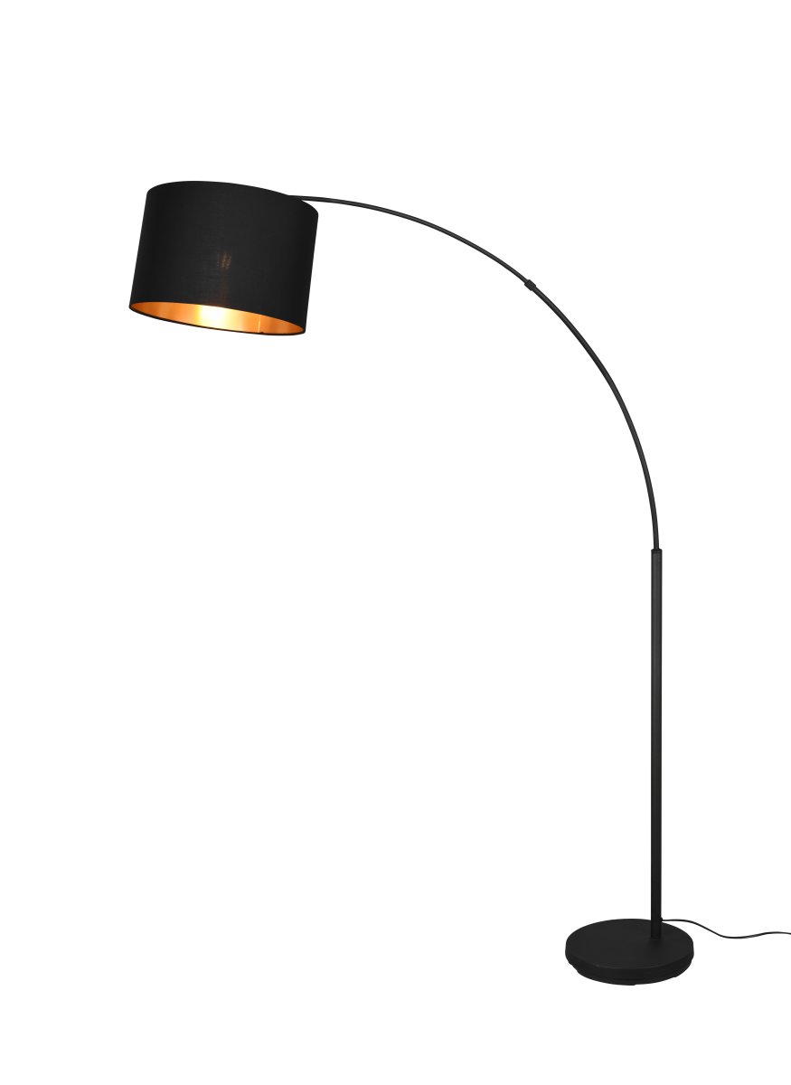 Bolivia Zwart vloerlamp Van Trio Lighting - Met zijn stoffen kap wordt de moderne en elegante lamp een blikvanger naast de bank en zorgt tegelijkertijd voor een perfecte en sfeervolle verlichting.
