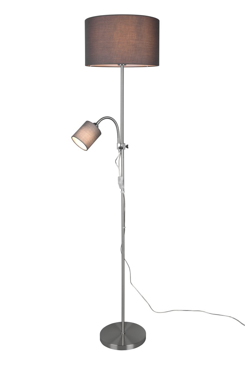 Owen Grijs vloerlamp Van Trio Lighting - Beide lichtbronnen zijn afzonderlijk te bedienen en de elegante combinatie van grijze lampenkappen en mat nikkel maken Owen een stijlvolle toevoeging aan uw huis.