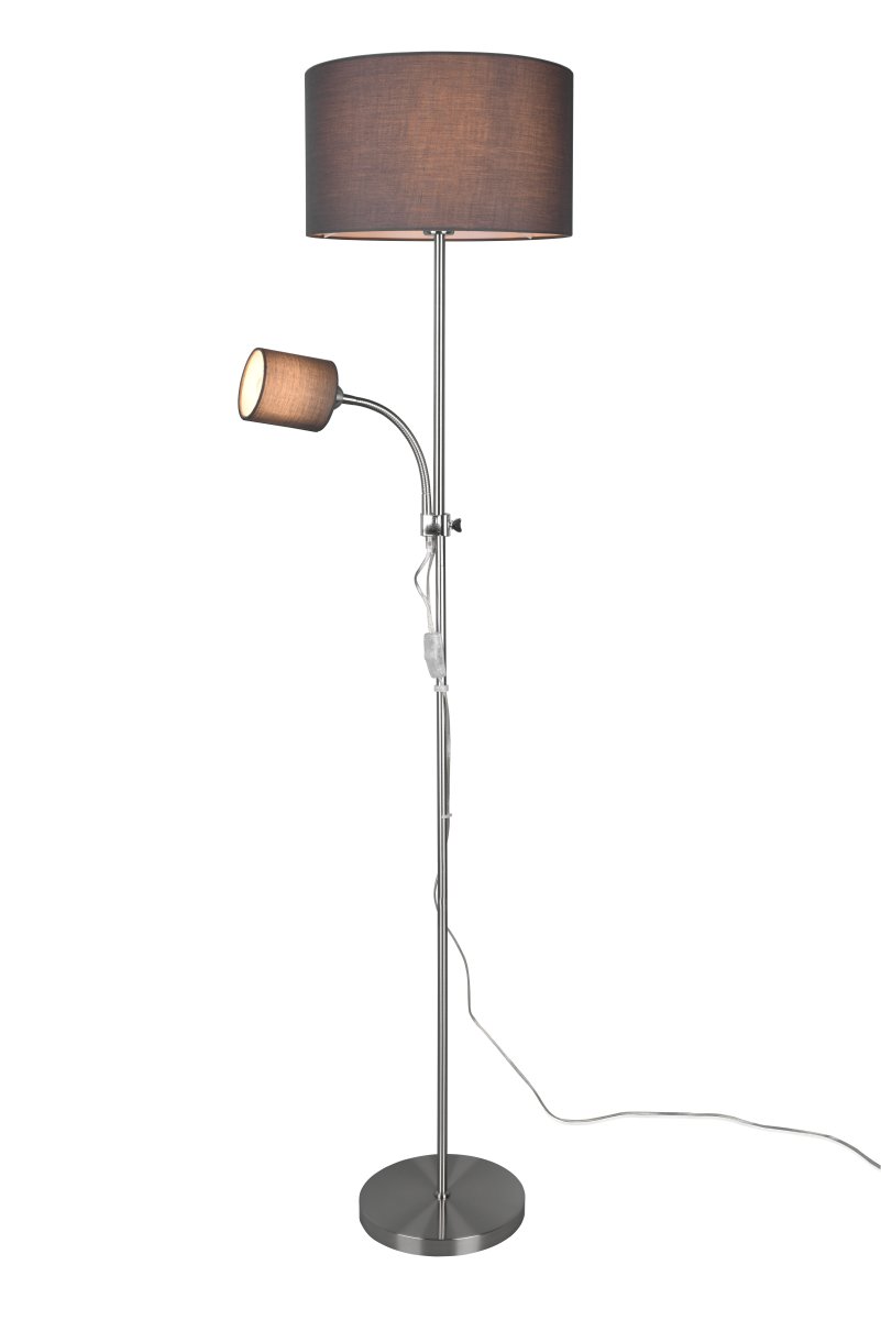 Owen Grijs vloerlamp Van Trio Lighting - Beide lichtbronnen zijn afzonderlijk te bedienen en de elegante combinatie van grijze lampenkappen en mat nikkel maken Owen een stijlvolle toevoeging aan uw huis.