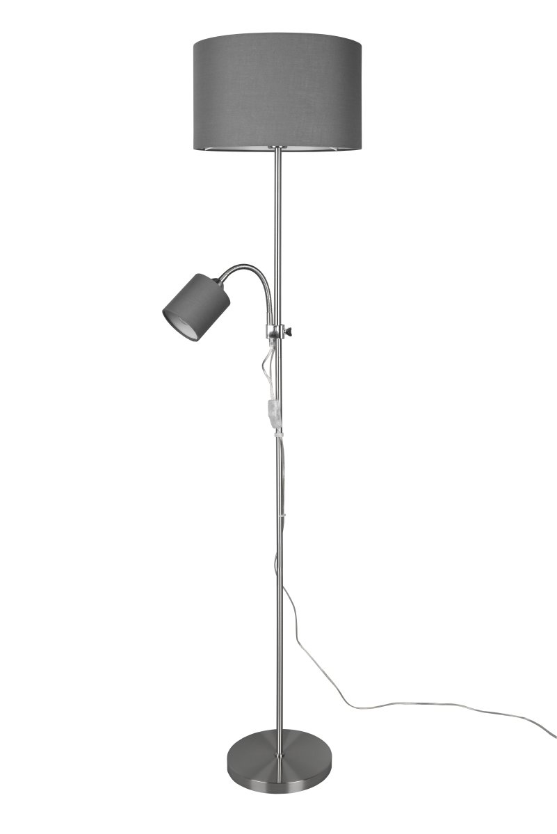 Owen Grijs vloerlamp Van Trio Lighting - Beide lichtbronnen zijn afzonderlijk te bedienen en de elegante combinatie van grijze lampenkappen en mat nikkel maken Owen een stijlvolle toevoeging aan uw huis.