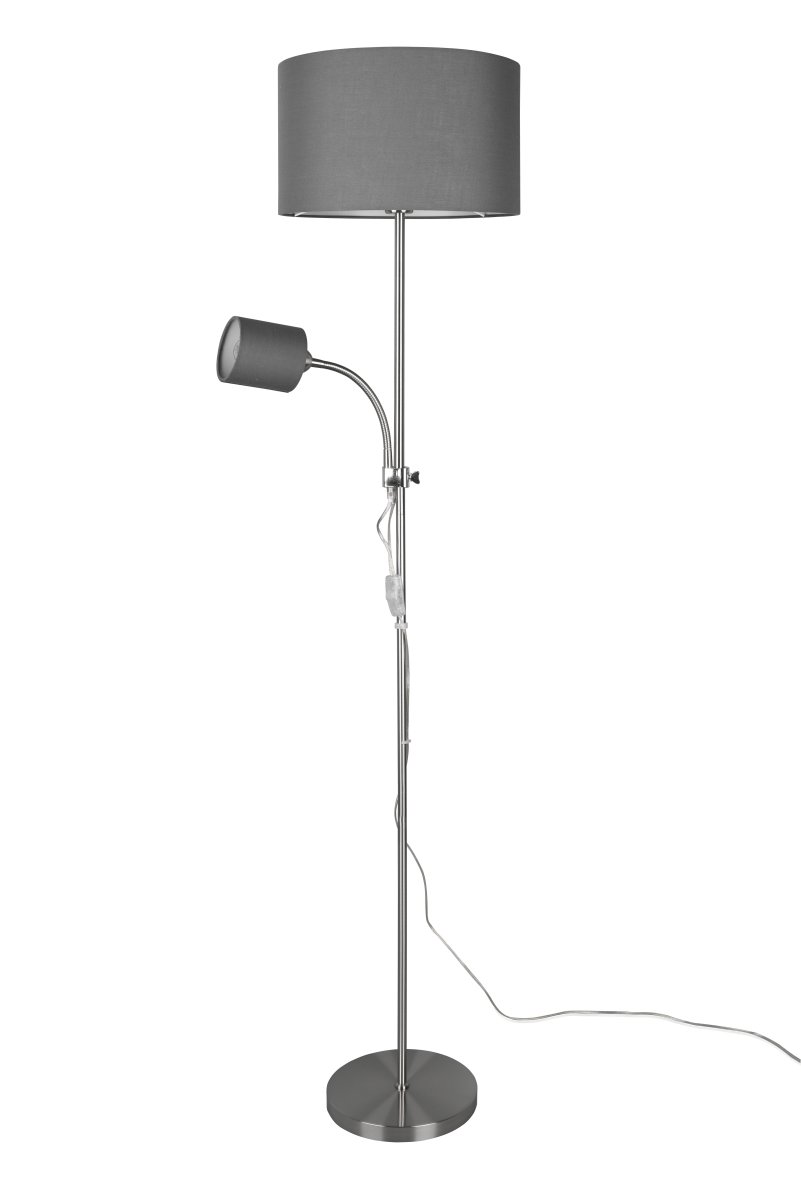 Owen Grijs vloerlamp Van Trio Lighting - Beide lichtbronnen zijn afzonderlijk te bedienen en de elegante combinatie van grijze lampenkappen en mat nikkel maken Owen een stijlvolle toevoeging aan uw huis.