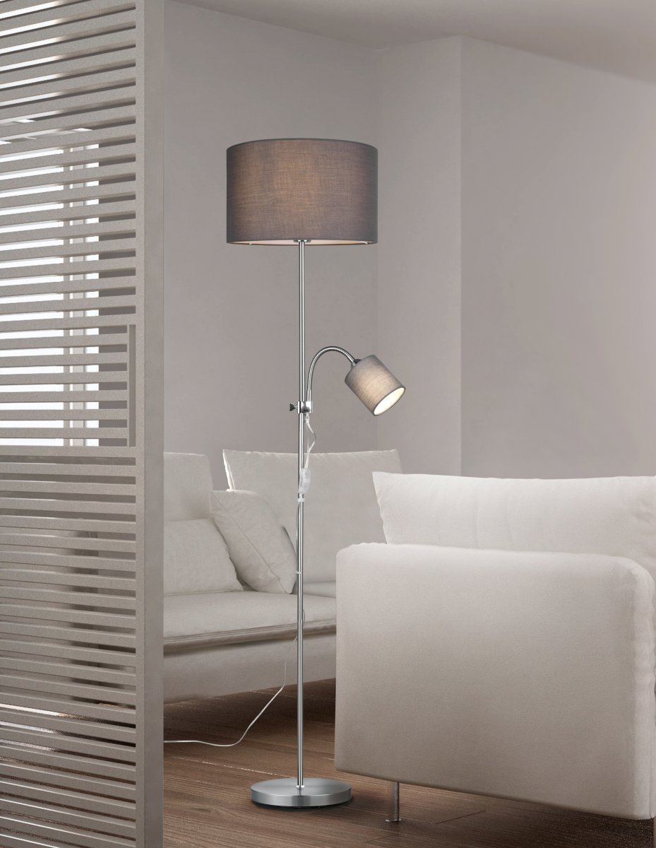 Owen Grijs vloerlamp Van Trio Lighting - Beide lichtbronnen zijn afzonderlijk te bedienen en de elegante combinatie van grijze lampenkappen en mat nikkel maken Owen een stijlvolle toevoeging aan uw huis.