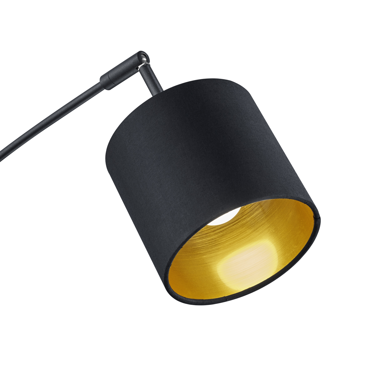 Tommy 5 Zwart vloerlamp Van Trio Lighting - De heldere, moderne vormen en het matzwarte metaal met zwarte en gouden stoffen kappen maken de lamp tot een elegant en flexibel interieurdetail.