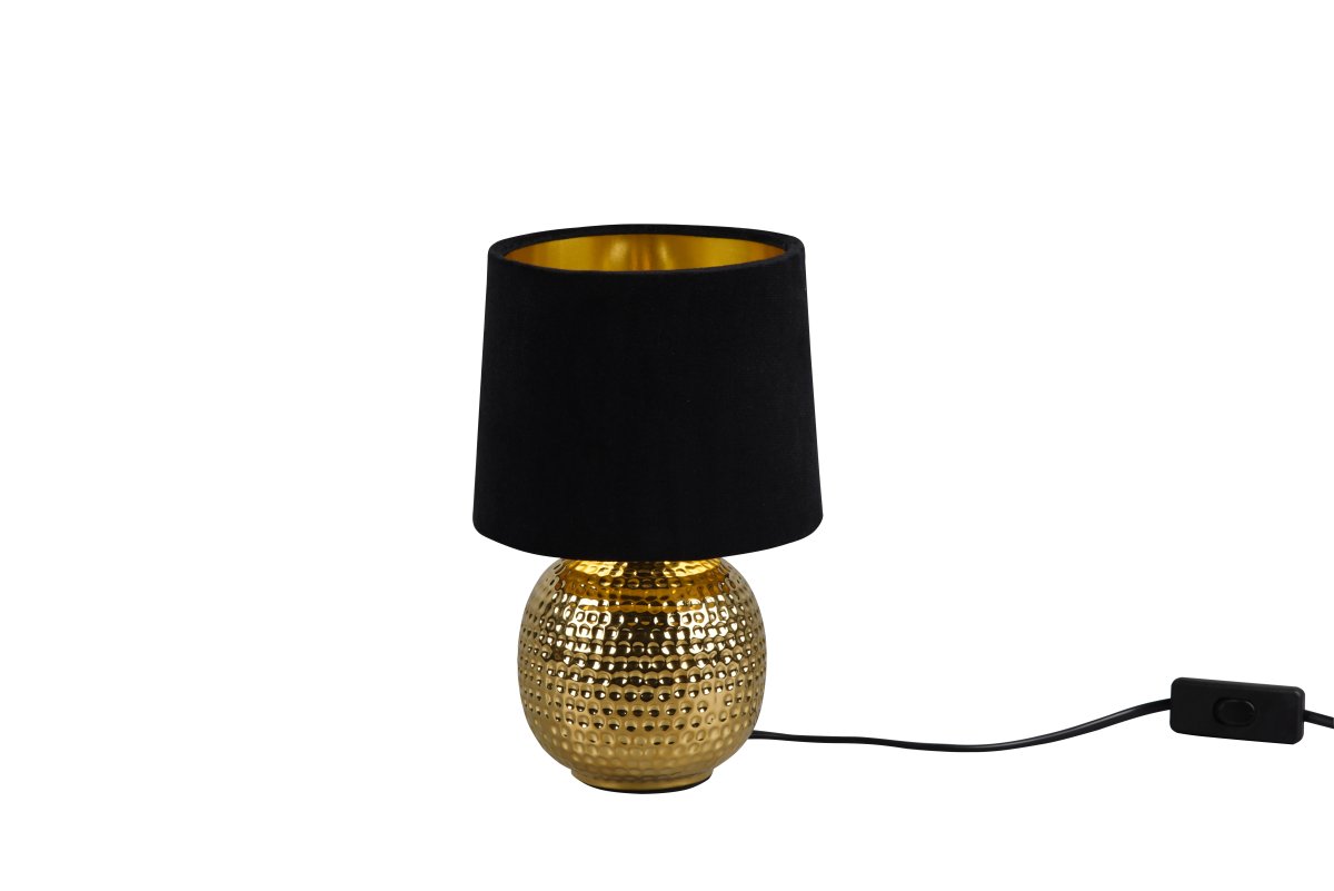 Sophia 26cm Zwart tafellamp Van Trio Lighting - De combinatie van goudkleurig keramiek en de zwarte en gouden fluwelen kap zorgt voor een stijlvolle en elegante uitstraling.
