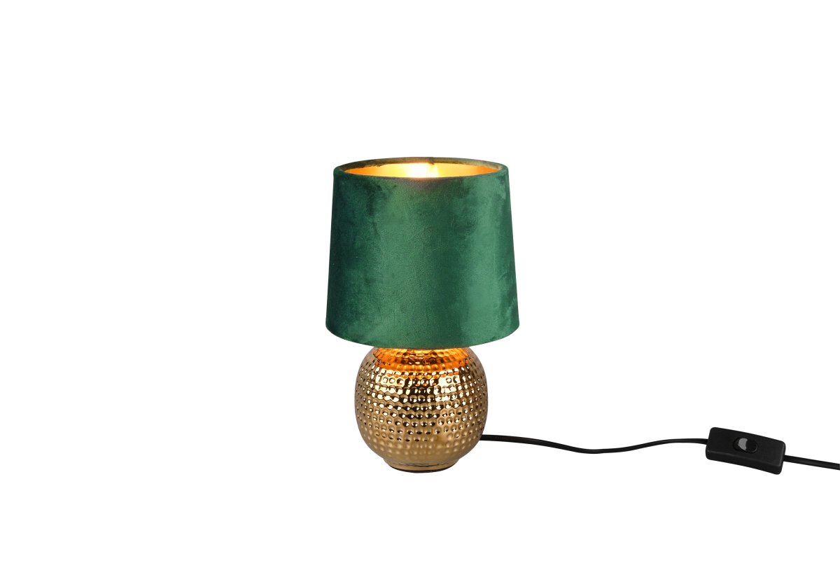 Sophia 26cm Groente tafellamp Van Trio Lighting - De combinatie van goudkleurig keramiek en groene stoffen lampenkap zorgt voor een stijlvolle en moderne uitstraling.