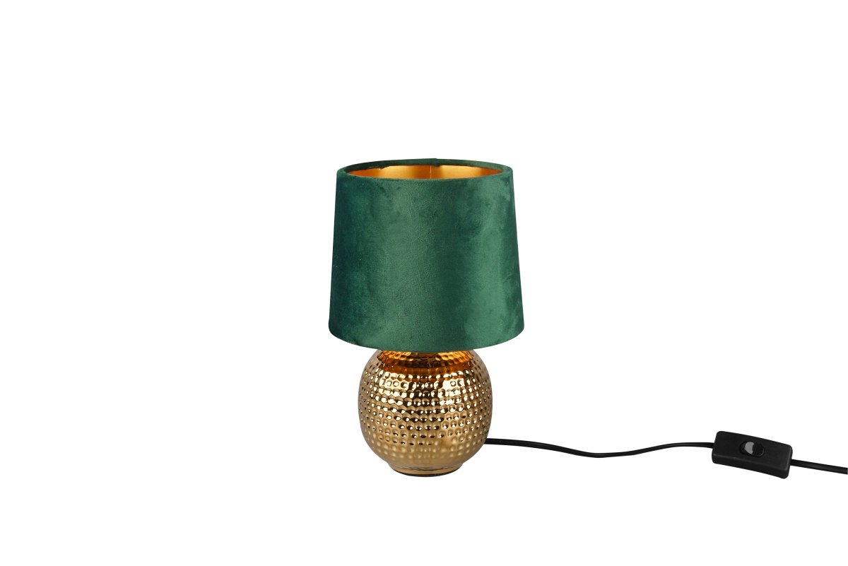 Sophia 26cm Groente tafellamp Van Trio Lighting - De combinatie van goudkleurig keramiek en groene stoffen lampenkap zorgt voor een stijlvolle en moderne uitstraling.