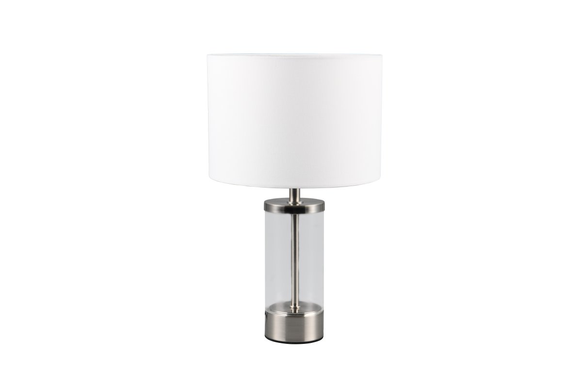 Grazia 34cm Wit tafellamp Van Trio Lighting - De Grazia tafellamp combineert een elegante stoffen kap met een stijlvolle cilindrische voet van glas en metaal, wat een harmonieuze en verfijnde indruk geeft.