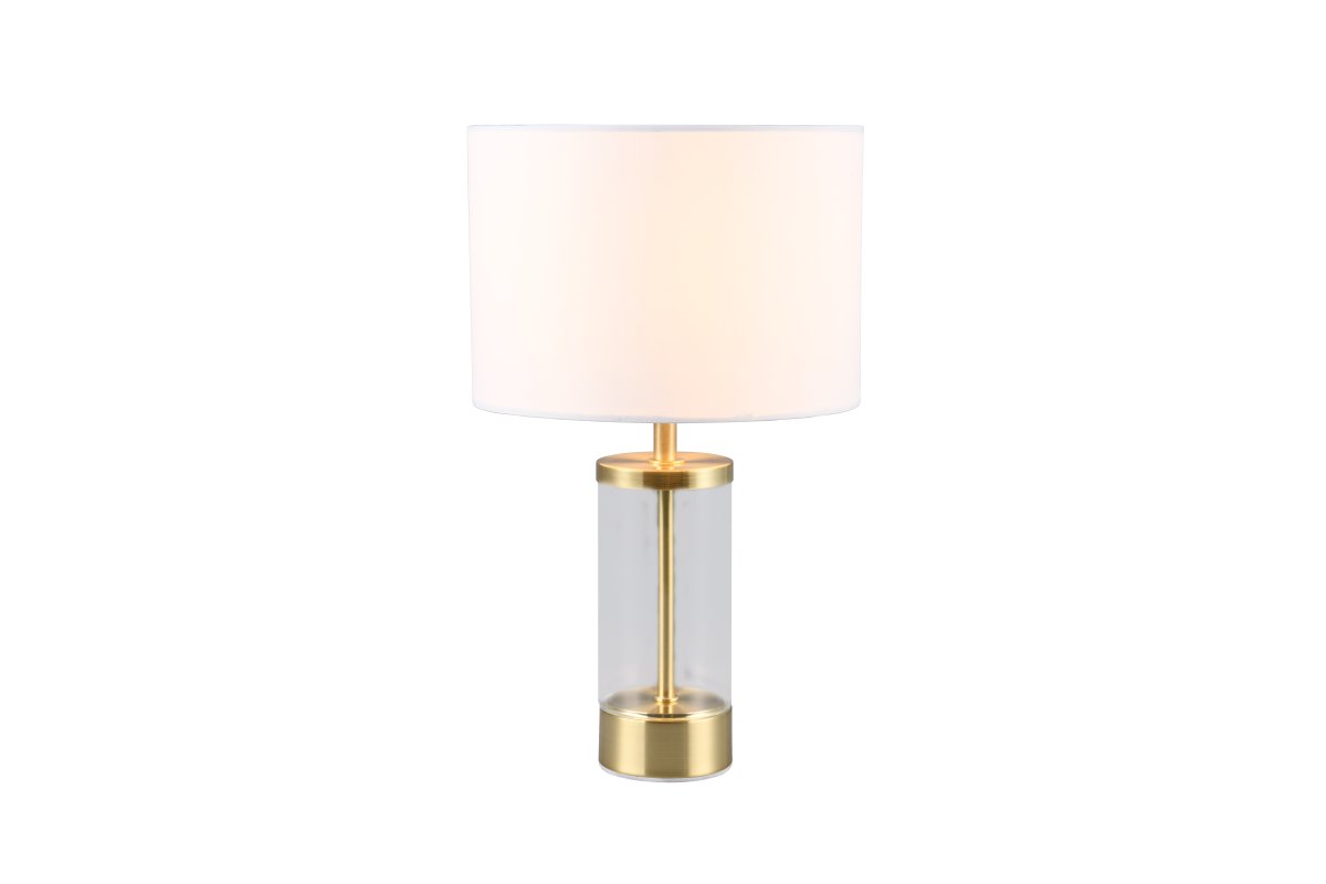 Grazia 34cm Mat messing tafellamp Van Trio Lighting - De Grazia tafellamp combineert een elegante stoffen kap met een stijlvolle cilindrische voet van glas en metaal, wat een harmonieuze en verfijnde indruk geeft.