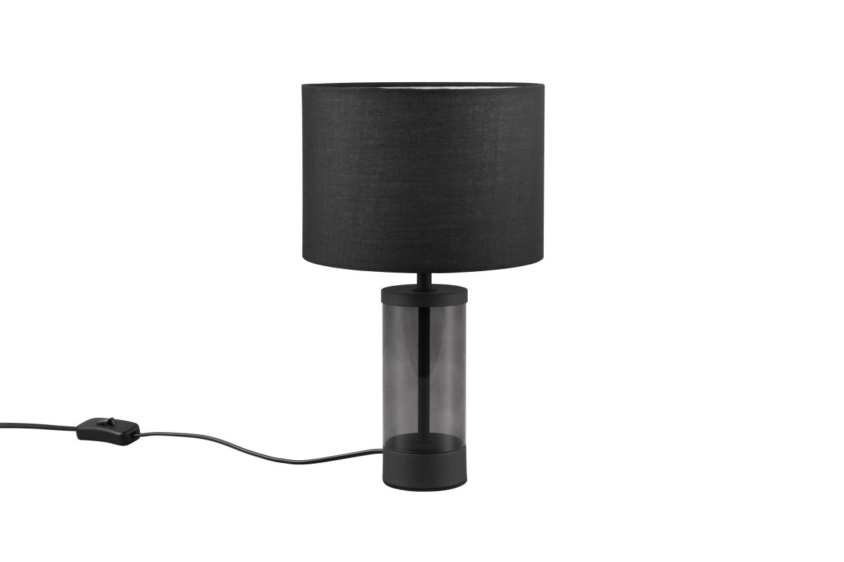 Grazia 34cm Zwart tafellamp Van Trio Lighting - De Grazia tafellamp combineert een elegante stoffen kap met een stijlvolle cilindrische voet van glas en metaal, wat een harmonieuze en verfijnde indruk geeft.