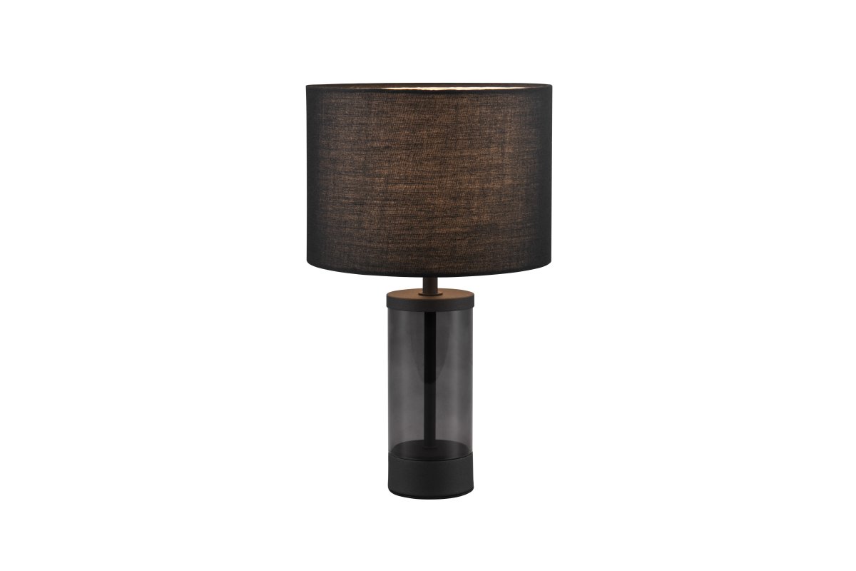 Grazia 34cm Zwart tafellamp Van Trio Lighting - De Grazia tafellamp combineert een elegante stoffen kap met een stijlvolle cilindrische voet van glas en metaal, wat een harmonieuze en verfijnde indruk geeft.