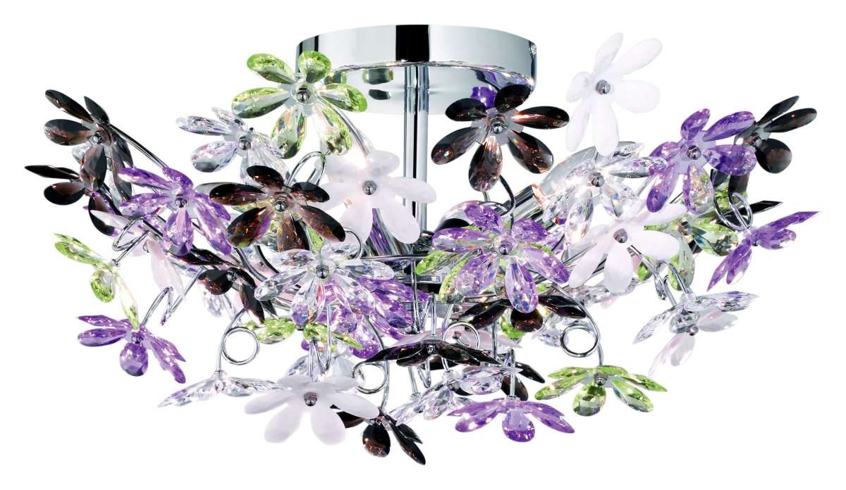  Flower Ø50 Veelkleurig plafondlamp Van Trio Lighting - De verchroomde kap en de heldere en kleurrijke acrylbloemen geven de lamp een speelse maar elegante stijl die past bij verschillende interieurs.