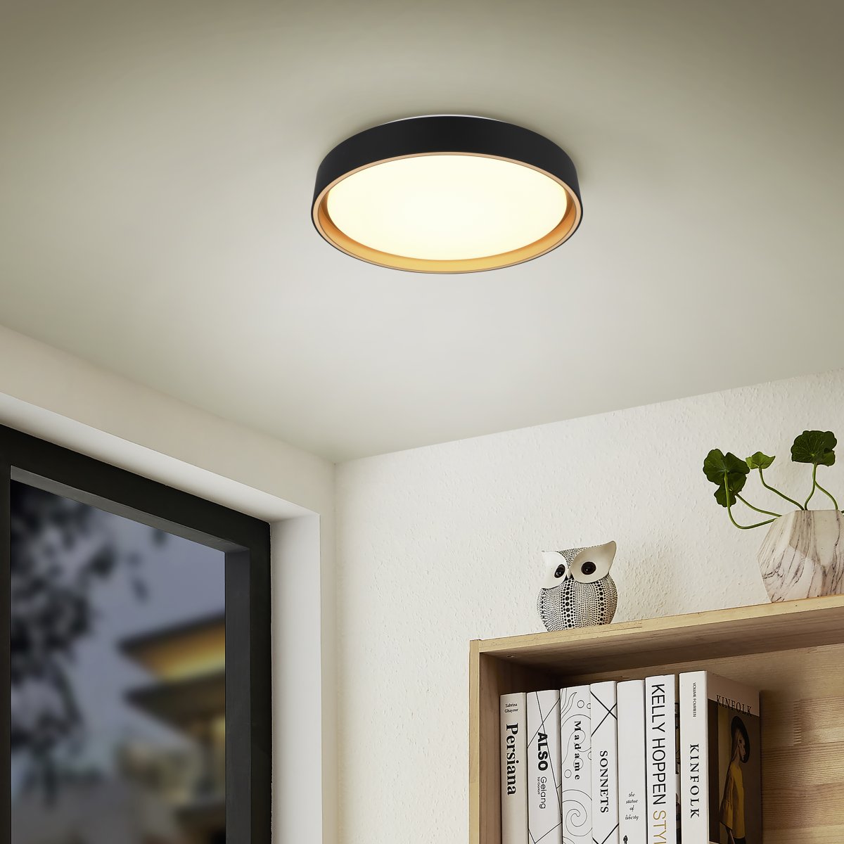 Felis Ø40 Zwart plafondlamp Van Trio Lighting - Met de afstandsbediening kunt u eenvoudig de helderheid en de lichtkleur aanpassen, zodat u de perfecte, gezellige verlichting voor uw woonkamer cre&euml;ert.