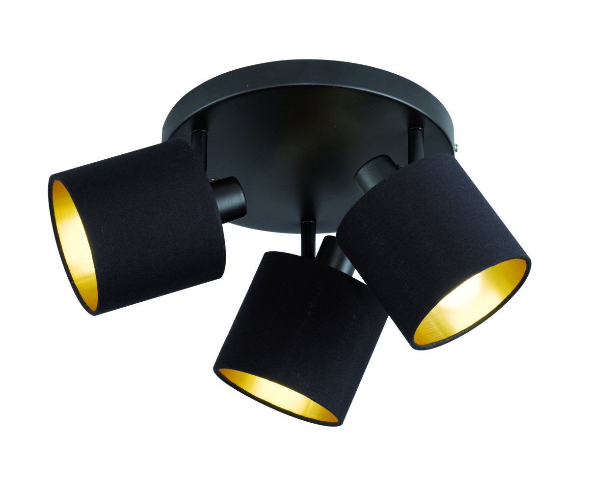 Tommy 3 Zwart spot Van Trio Lighting - Tommy is gemaakt van matzwart metaal met elegante zwarte en gouden tinten en creëert elegante lichtaccenten die uw woonkamer een verfijnde en uitnodigende sfeer geven.