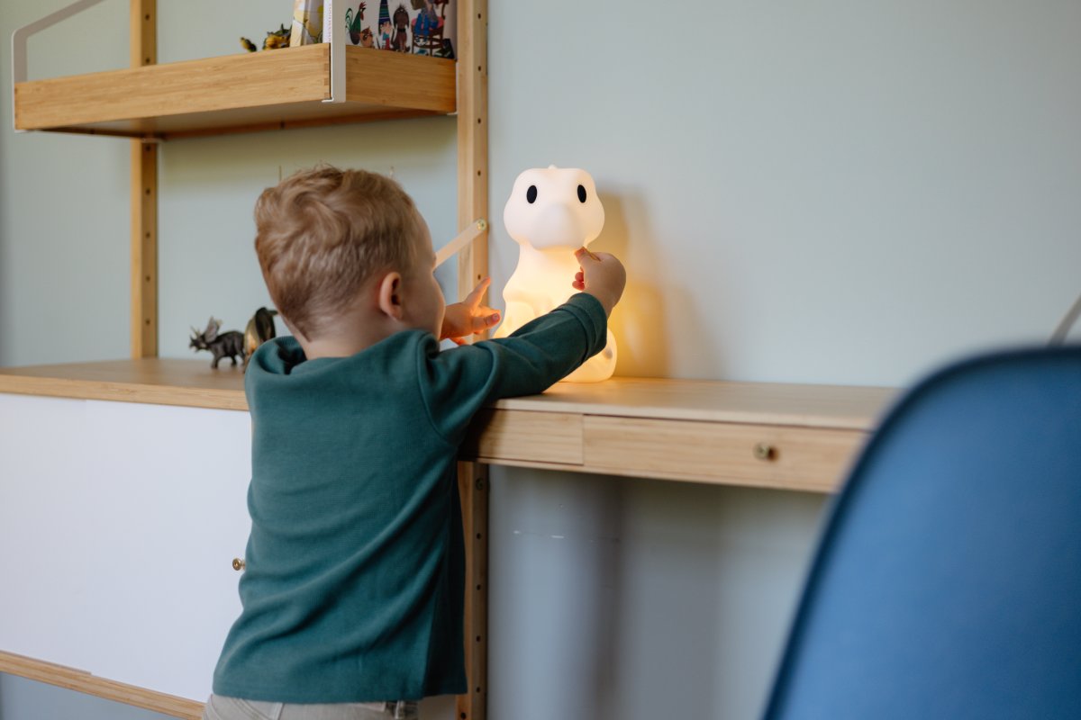 Rena First Light Wit kinderlamp Van Mr Maria - Rena heeft de vorm van een lieve en vriendelijke Tyrannosaurus Rex en is een veilige metgezel tijdens het voeden in de nacht, het voorlezen van verhaaltjes voor het slapengaan en dromen.
