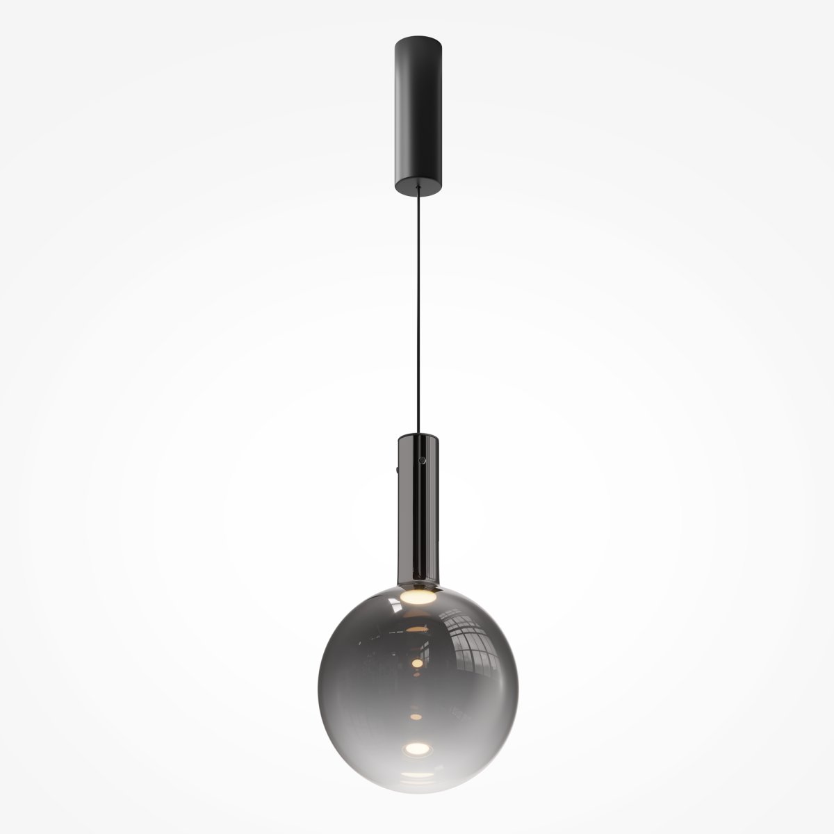 Nebula Ø25 Zwart hanglamp Van Maytoni - De blauwe glazen bol, met een verloop van donker aan de bovenkant naar bijna transparant aan de onderkant, geeft een zwevend effect.
