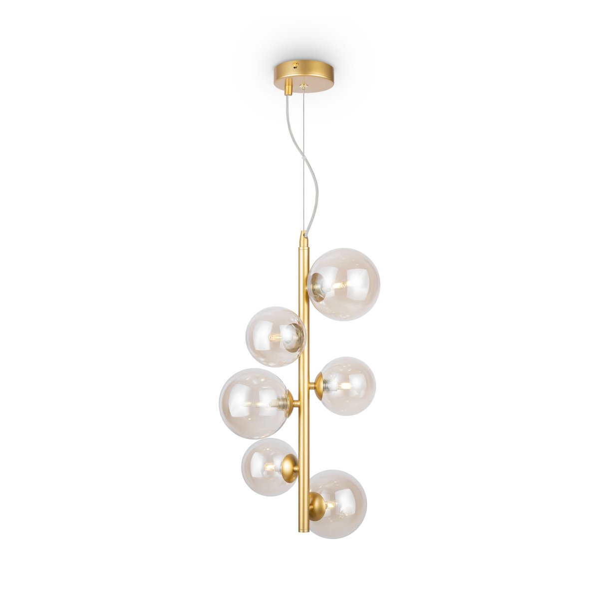 Dallas Ø30 Goud hanglamp Van Maytoni - Het unieke ontwerp met ronde glazen koepels in verschillende richtingen creëert een dramatisch en elegant lichtspel dat de kamer vult met warmte en karakter.