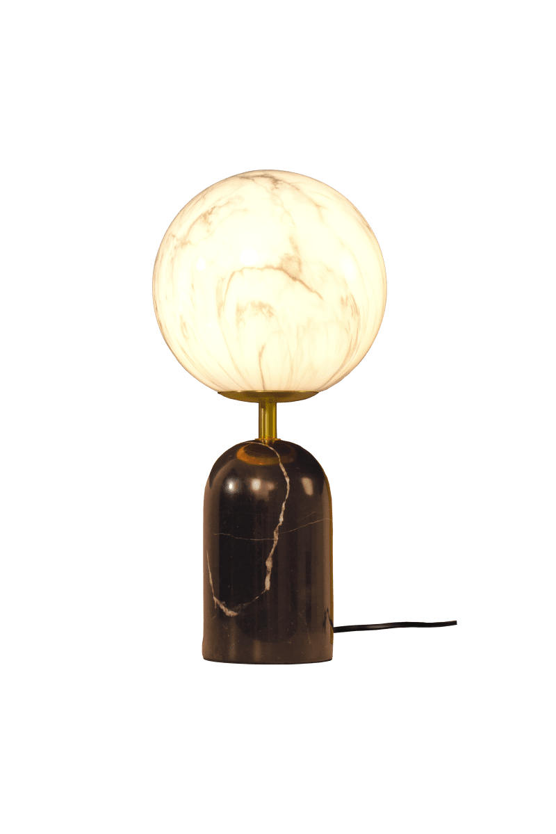 Pierre 30cm Zwart-wit tafellamp Van Aneta Lighting - De massieve zwarte stenen lampvoet geeft de lamp een karaktervolle uitstraling en wordt aangevuld door stijlvolle metalen details met een matte messing afwerking.