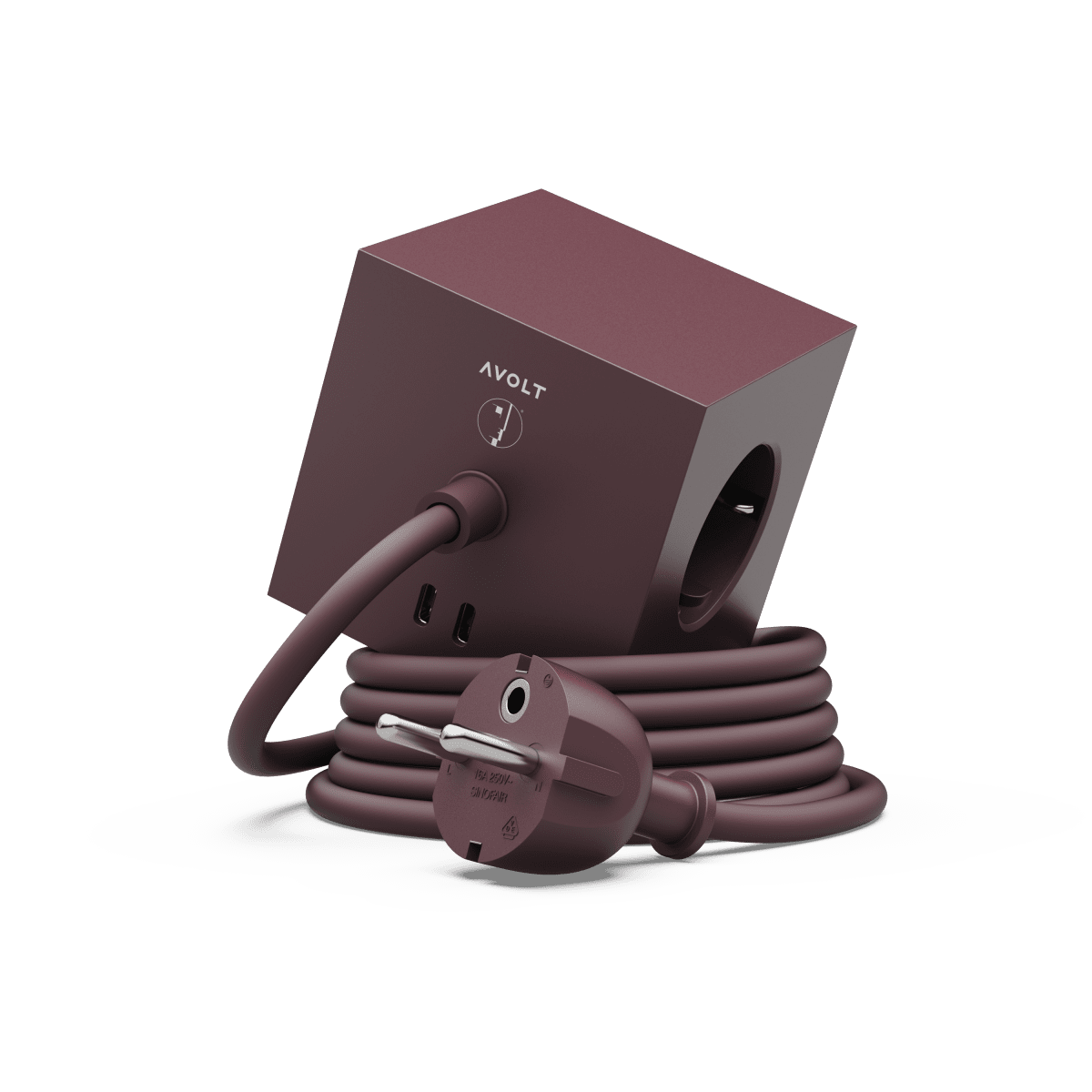  Square 1 with 30W Dual USBC & Magnetic base, 1.8m Bourgogne Van Avolt - Switch van Avolt met een stijlvol design, een lange PVC-kabel, een kubus van gerecycled plastic en een magnetische plaat aan de onderkant om hem aan de muur te hangen.