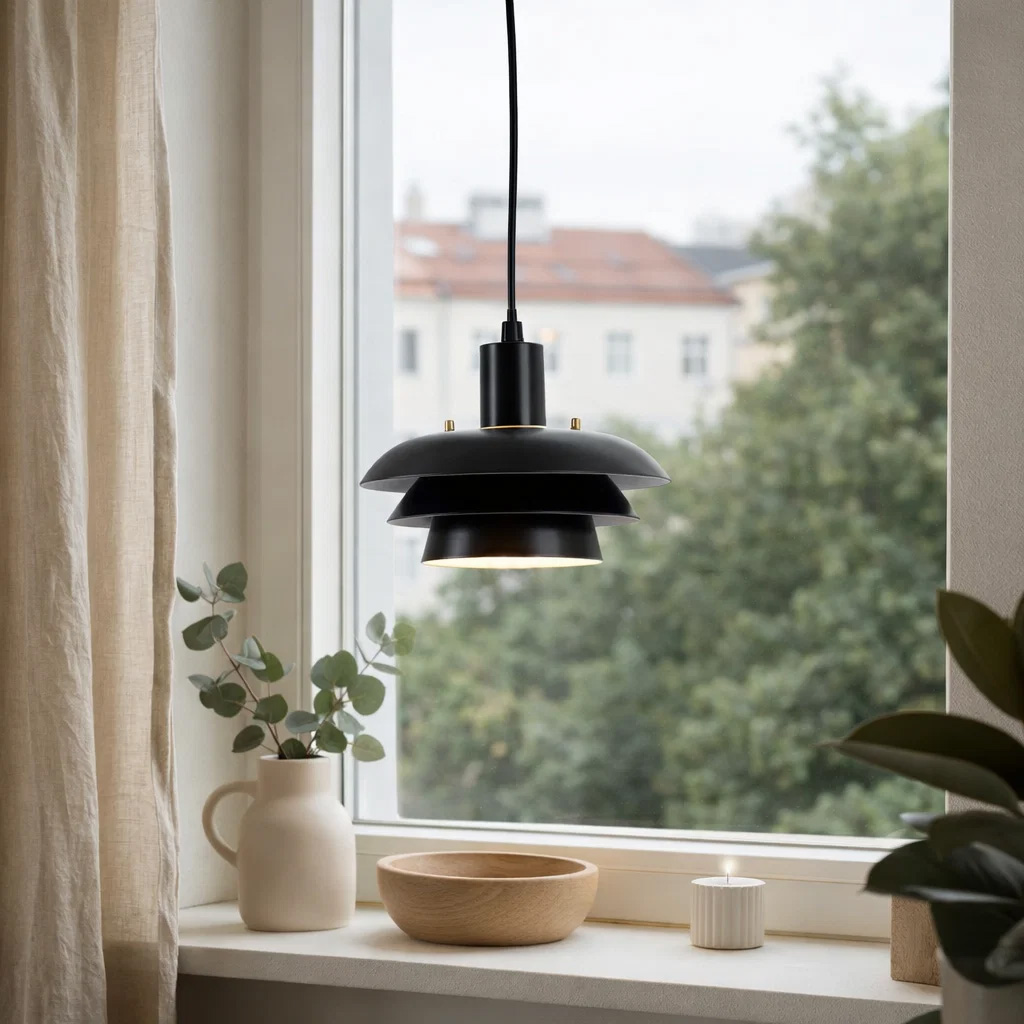 Stealth Ø20 Zwart raamlamp Van Nordic Lighting - De lamp is gemaakt van zwart metaal en heeft een zacht, gelaagd ontwerp dat zorgt voor een aangenaam, naar beneden gericht licht &ndash; perfect voor ramen of kleinere ruimtes.