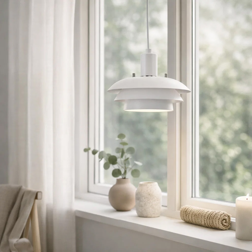 Stealth Ø20 Wit raamlamp Van Nordic Lighting - De lamp is gemaakt van wit metaal en heeft een zacht, gelaagd ontwerp dat zorgt voor een aangenaam, naar beneden gericht licht &ndash; perfect voor ramen of kleinere ruimtes.