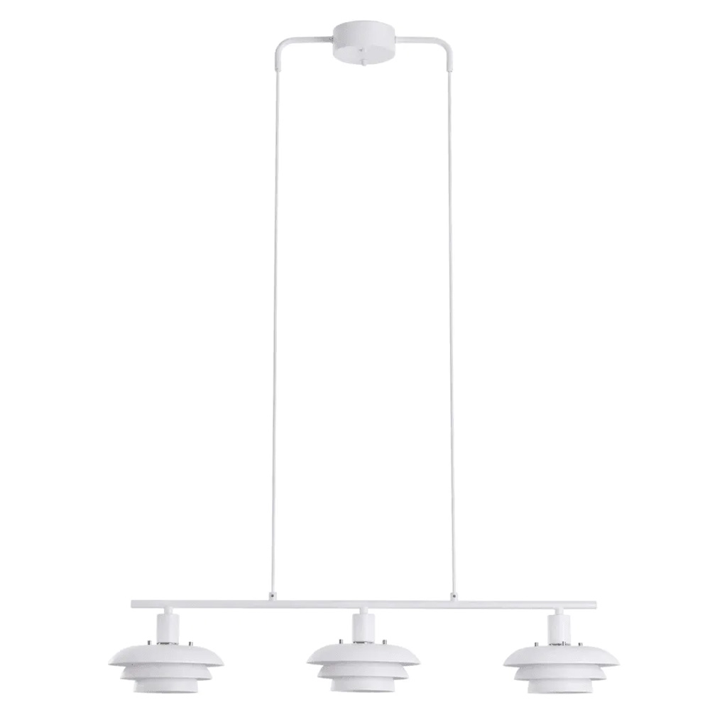 Stealth 86cm Wit hanglamp Van Nordic Lighting - Stealth is een stijlvolle plafondlamp van wit metaal met drie naar beneden gerichte kappen die een aangenaam, gericht licht geven boven bijvoorbeeld een eettafel of keuken.