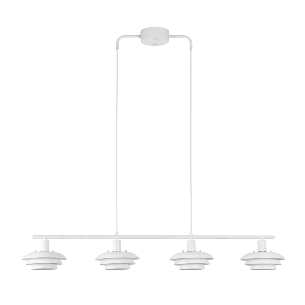 Stealth 120cm Wit hanglamp Van Nordic Lighting - Stealth is een stijlvolle plafondlamp van wit metaal met vier naar beneden gerichte kappen die een aangenaam, gericht licht geven boven bijvoorbeeld een eettafel of keuken.