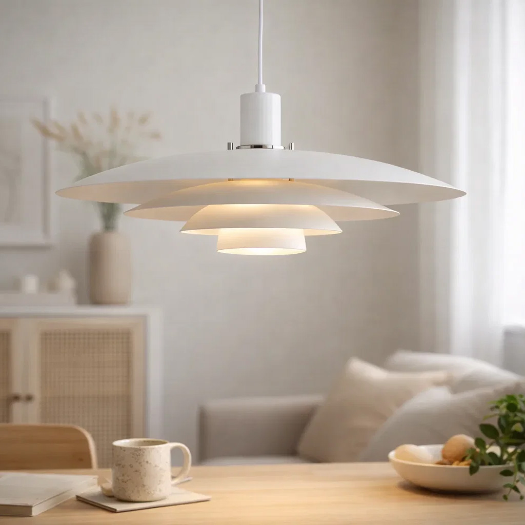 Stealth Ø50 Wit hanglamp Van Nordic Lighting - De lamp wordt geleverd met twee sets details - knoppen en ringen in zowel chroom als wit - zodat u de uitstraling kunt kiezen en het ontwerp kunt aanpassen aan uw interieur.