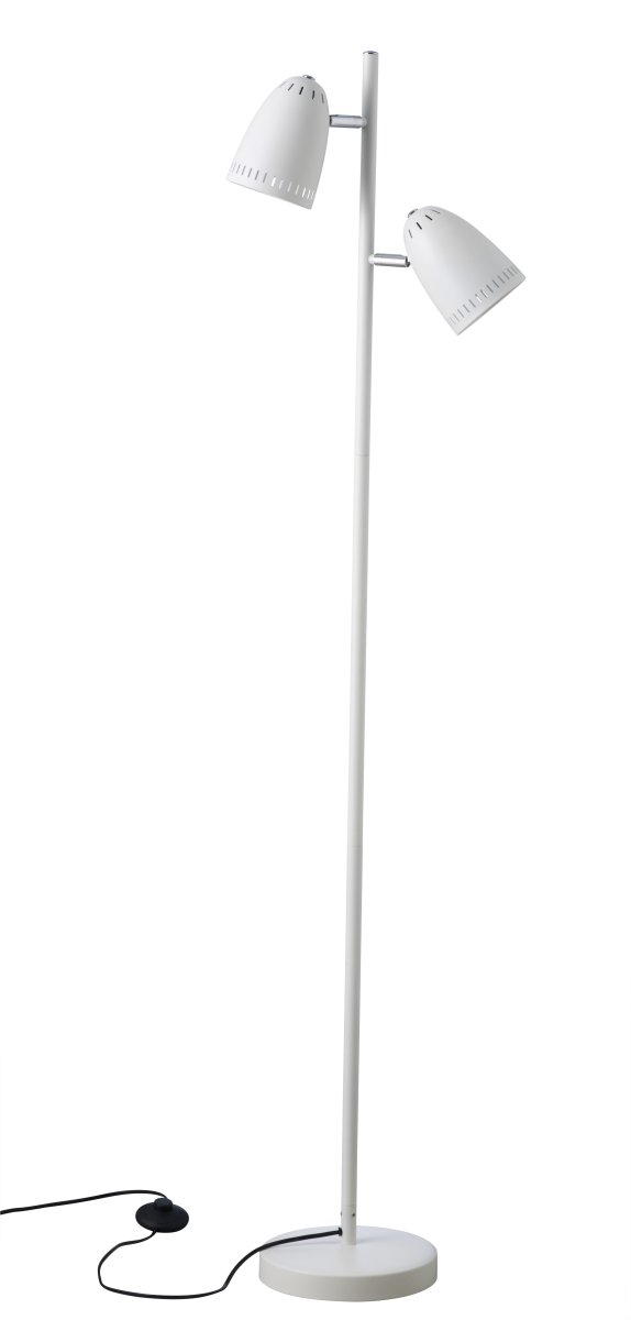 Dynamo 2 Wit vloerlamp Van Superliving - De kappen zijn 345&deg; kantelbaar en draaibaar, waardoor je het licht gemakkelijk precies daar kunt richten waar je het nodig hebt - perfect als leeslamp of als sfeerverlichting in de woonkamer.