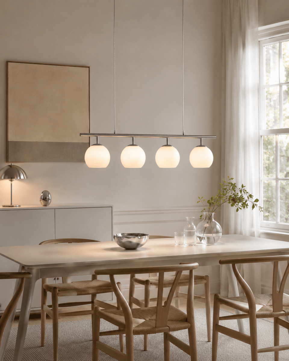 Globi 4 78cm Nikkel hanglamp Van Nordic Lighting - De metalen ophanging met een matte nikkelafwerking zorgt voor een elegante en grafische uitstraling, terwijl de vier ronde opalen glazen koepels een aangenaam en gelijkmatig licht in de ruimte verspreiden.