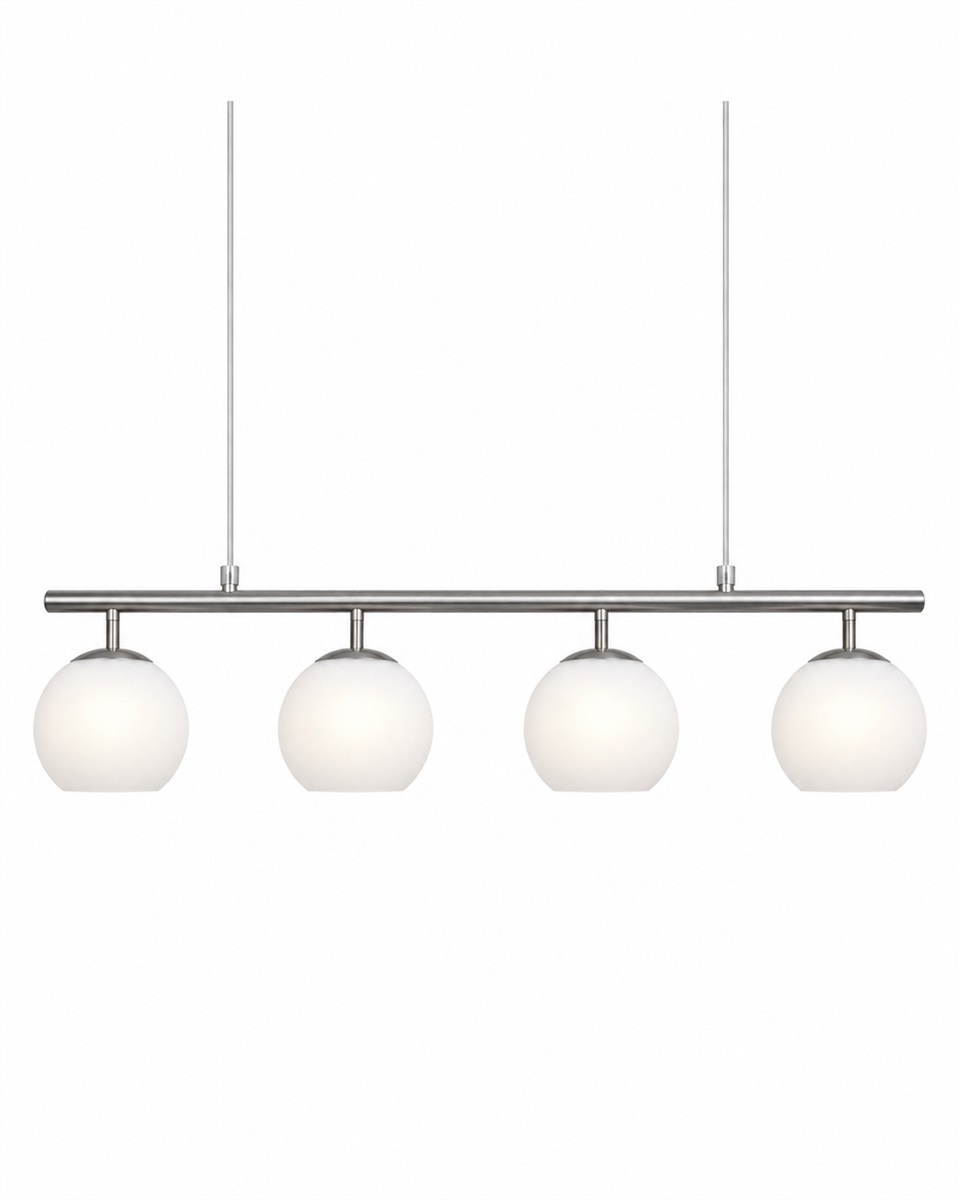 Globi 4 78cm Nikkel hanglamp Van Nordic Lighting - De metalen ophanging met een matte nikkelafwerking zorgt voor een elegante en grafische uitstraling, terwijl de vier ronde opalen glazen koepels een aangenaam en gelijkmatig licht in de ruimte verspreiden.