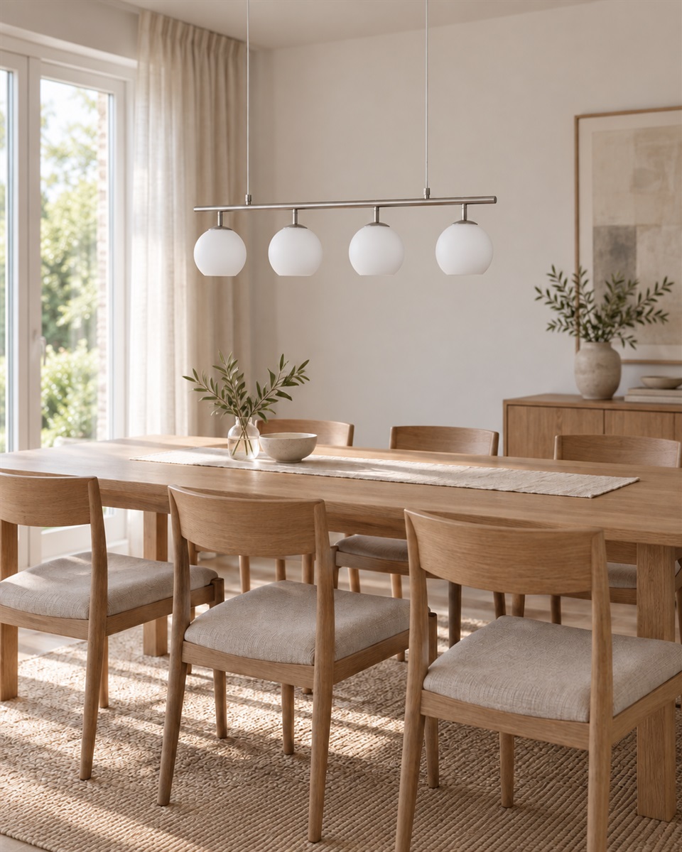 Globi 4 78cm Nikkel hanglamp Van Nordic Lighting - De metalen ophanging met een matte nikkelafwerking zorgt voor een elegante en grafische uitstraling, terwijl de vier ronde opalen glazen koepels een aangenaam en gelijkmatig licht in de ruimte verspreiden.