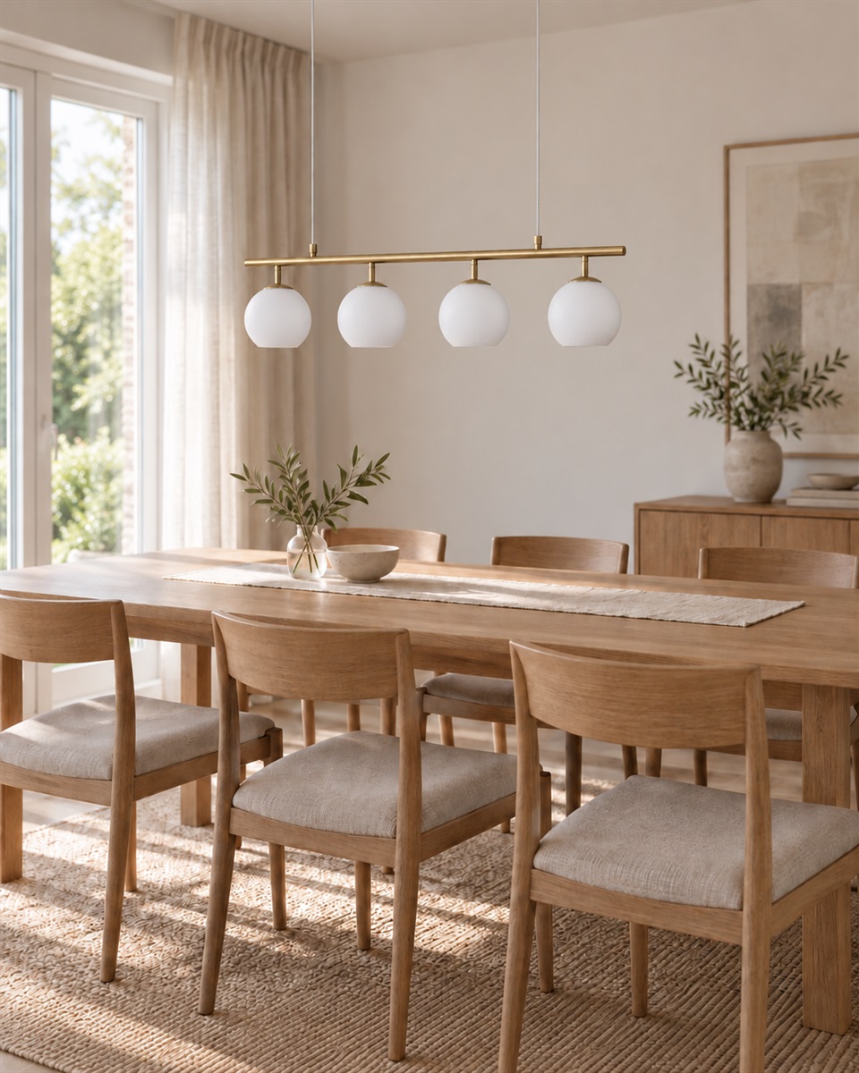 Globi 4 78cm Geborsteld messing/wit hanglamp Van Nordic Lighting - De metalen ophanging met geborsteld messing afwerking zorgt voor een elegante en grafische uitstraling, terwijl de vier ronde opalen glazen koepels een aangenaam en gelijkmatig licht in de ruimte verspreiden.