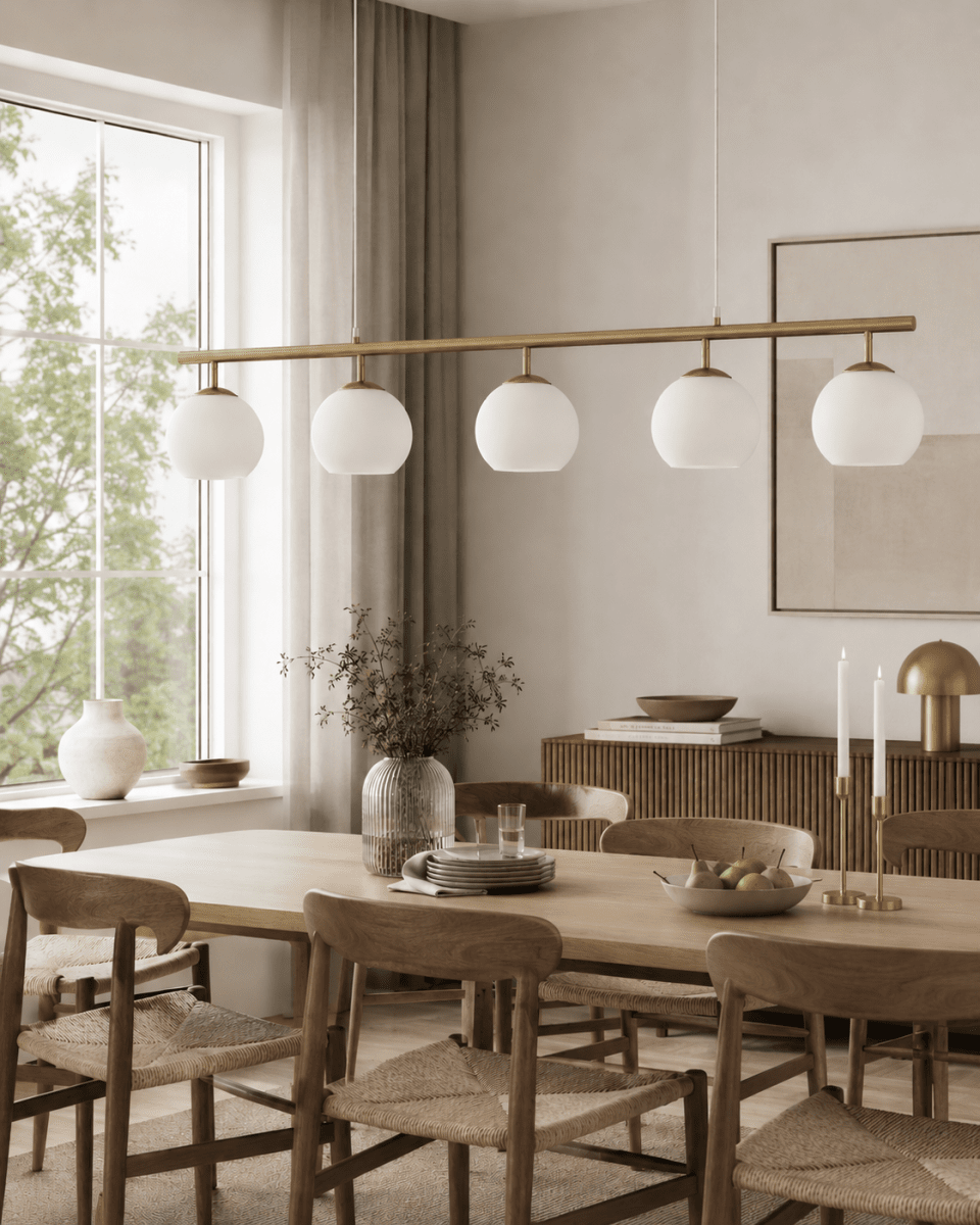 Globi 5 120cm Geborsteld messing/wit hanglamp Van Nordic Lighting - De metalen ophanging met geborsteld messing afwerking zorgt voor een elegante en grafische uitstraling, terwijl de vijf ronde opalen glazen koepels een aangenaam en gelijkmatig licht in de ruimte verspreiden.
