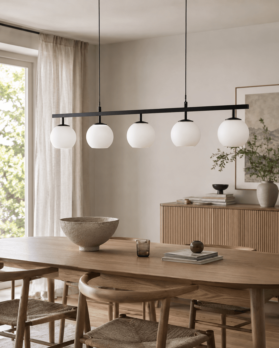 Globi 5 120cm Zwart-wit hanglamp Van Nordic Lighting - Globi 5 is een decoratieve blikvanger die zowel in moderne als in meer klassieke interieurs perfect tot zijn recht komt.