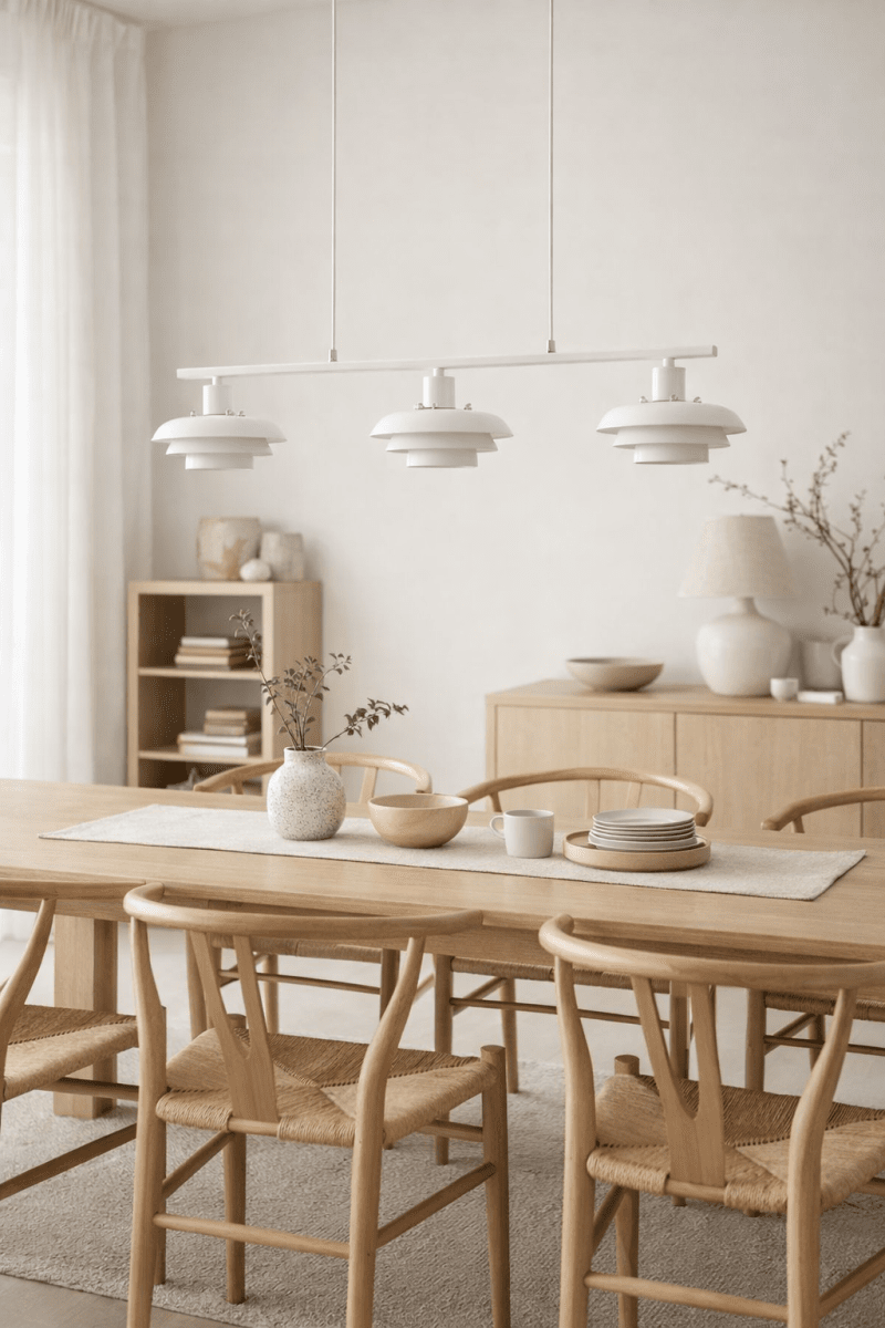 Stealth 86cm Wit hanglamp Van Nordic Lighting - Stealth is een stijlvolle plafondlamp van wit metaal met drie naar beneden gerichte kappen die een aangenaam, gericht licht geven boven bijvoorbeeld een eettafel of keuken.