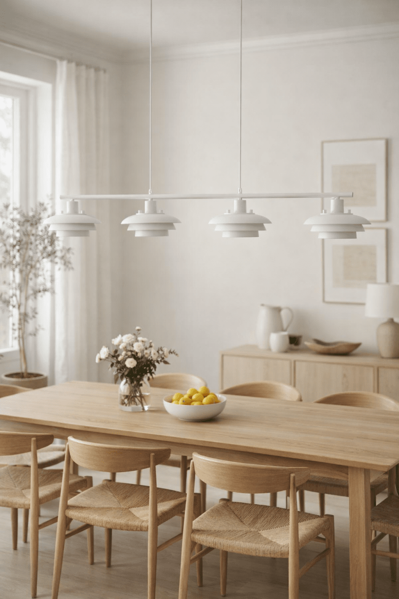 Stealth 120cm Wit hanglamp Van Nordic Lighting - Stealth is een stijlvolle plafondlamp van wit metaal met vier naar beneden gerichte kappen die een aangenaam, gericht licht geven boven bijvoorbeeld een eettafel of keuken.