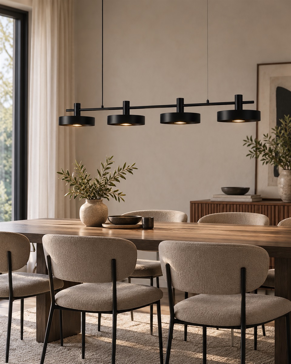 Birillo 130cm Zwart hanglamp Van Nordic Lighting - De vier kappen zorgen voor een gerichte lichtval naar beneden, waardoor een functionele en aangename verlichting ontstaat.