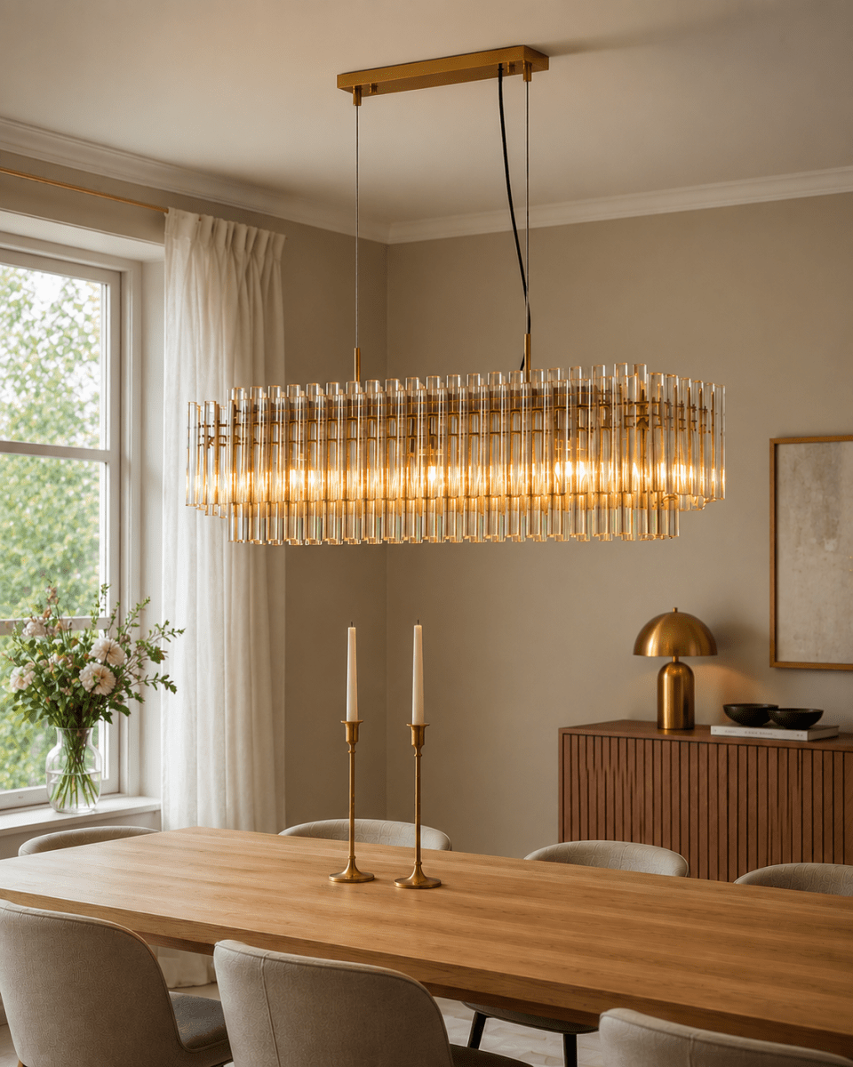 Lancaster 105cm Messing/amber hanglamp Van Lampan - De metalen lampvoet met messing afwerking versterkt de verfijnde uitstraling en geeft Lancaster een tijdloos karakter dat de hele ruimte verfraait.