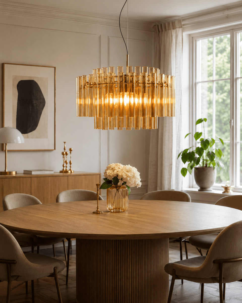 Lancaster Ø54 Messing/amber hanglamp Van Lampan - Het licht wordt prachtig gefilterd door het glas en cre&euml;ert een zachte, gouden gloed die de kamer een luxueuze en uitnodigende uitstraling geeft.