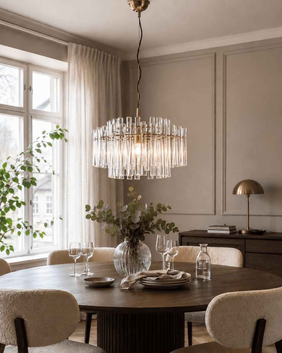 Lancaster Ø54 Messing/transparant hanglamp Van Lampan - Het elegante ontwerp met zijn moderne uitstraling en warme messingtint maakt de lamp een perfecte blikvanger boven de eettafel, in de woonkamer of hal.