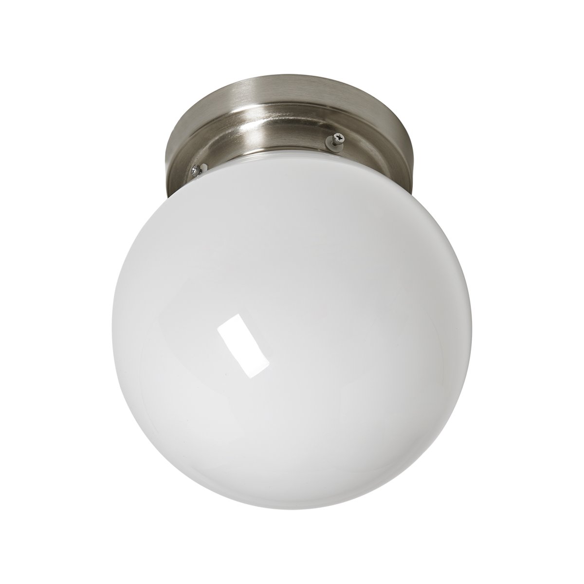 Lidan Ø20 Nikkel badkamerlamp Van Armaturhantverk - Deze klassieke plafondlamp voor in de badkamer, met een ronde, witte glazen kap en een stijlvolle metalen voet, zorgt voor een zacht en aangenaam licht dat een ontspannen sfeer in uw badkamer creëert.