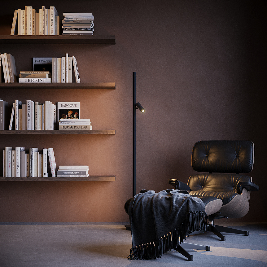 Thin Zwart vloerlamp Van Maytoni - Over de gehele lengte van de lamp loopt een discrete ledstrip, die zacht, algemeen licht in de kamer verspreidt en een warme sfeer cre&euml;ert.