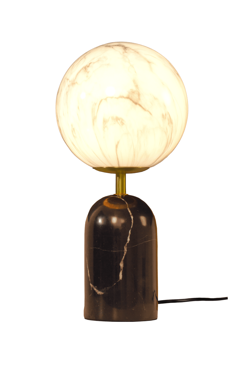 Pierre 42cm Zwart-wit tafellamp Van Aneta Lighting - De massieve zwarte stenen lampvoet geeft de lamp een karaktervolle uitstraling en wordt aangevuld door stijlvolle metalen details met een matte messing afwerking.