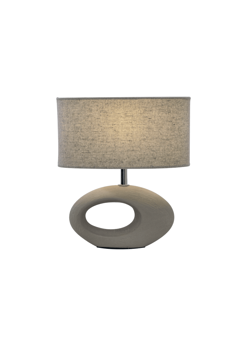 Olina 24cm Bruin tafellamp Van Aneta Lighting - De Olina tafellamp heeft een bruine keramische voet met een modern design en een ovale beige stoffen kap.